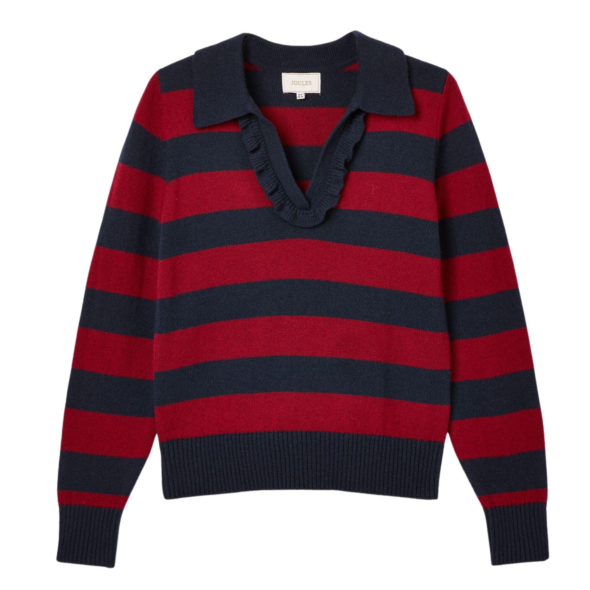 Joules Womens Maddie Red Striped V Neck Jumper - Red/Navy