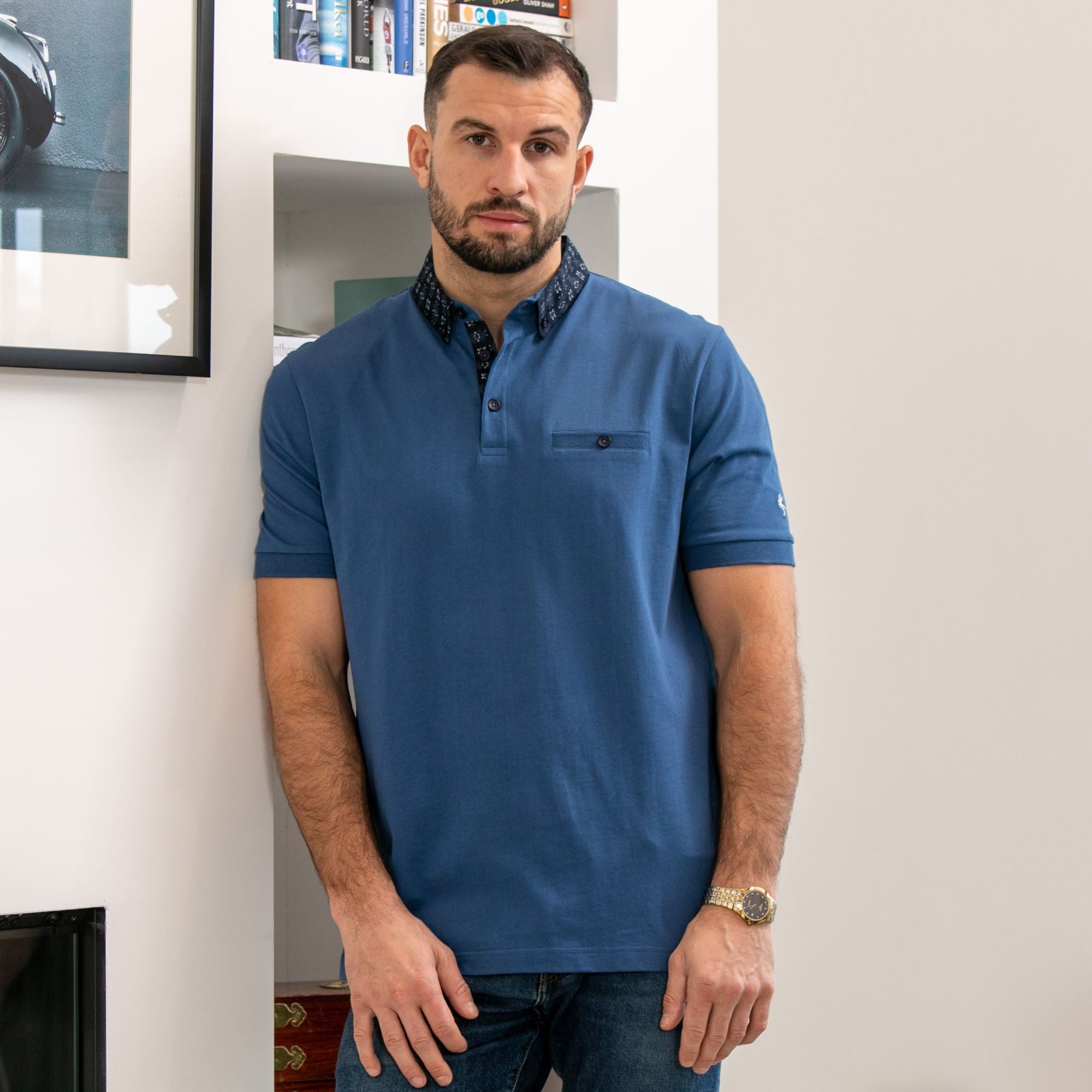 Lizard King Blue Printed Collar Polo Shirt
