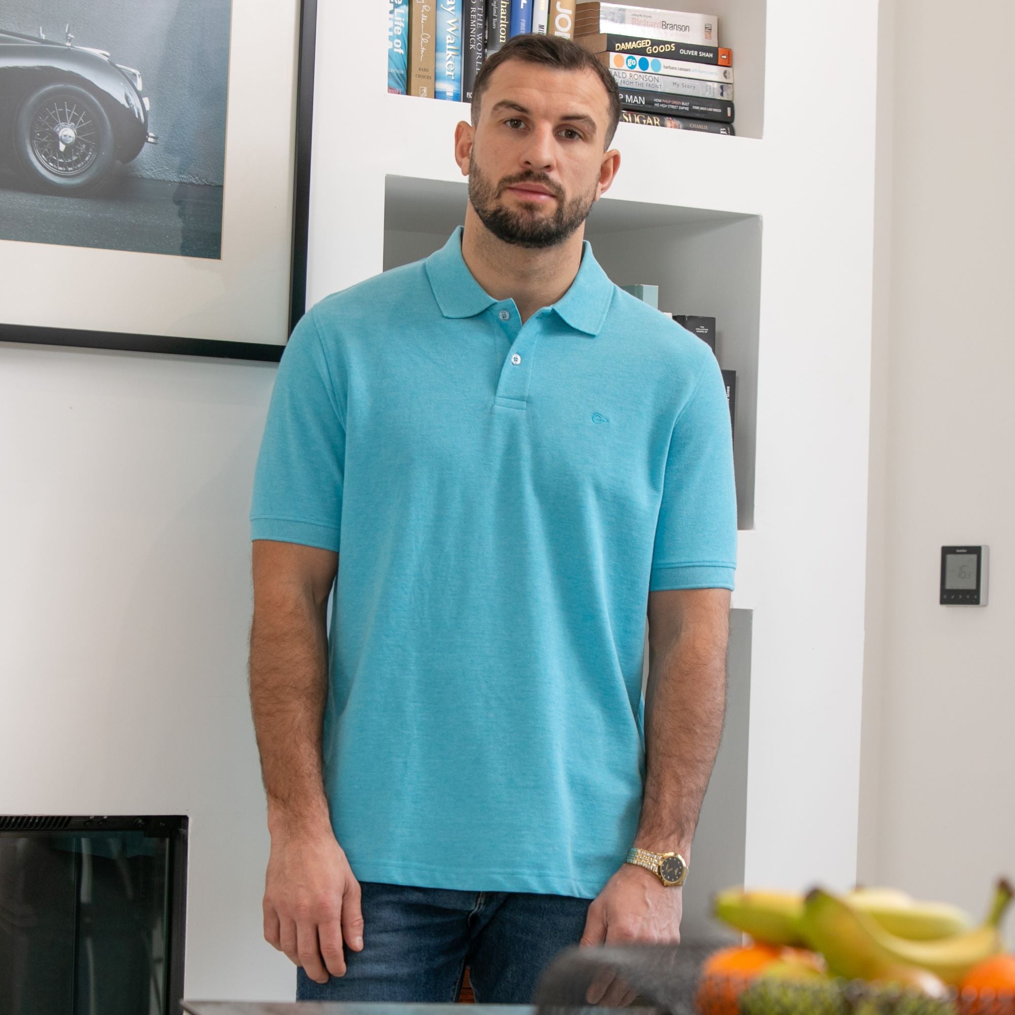 Peter Gribby Short Sleeve Melange Pique Polo - Aqua