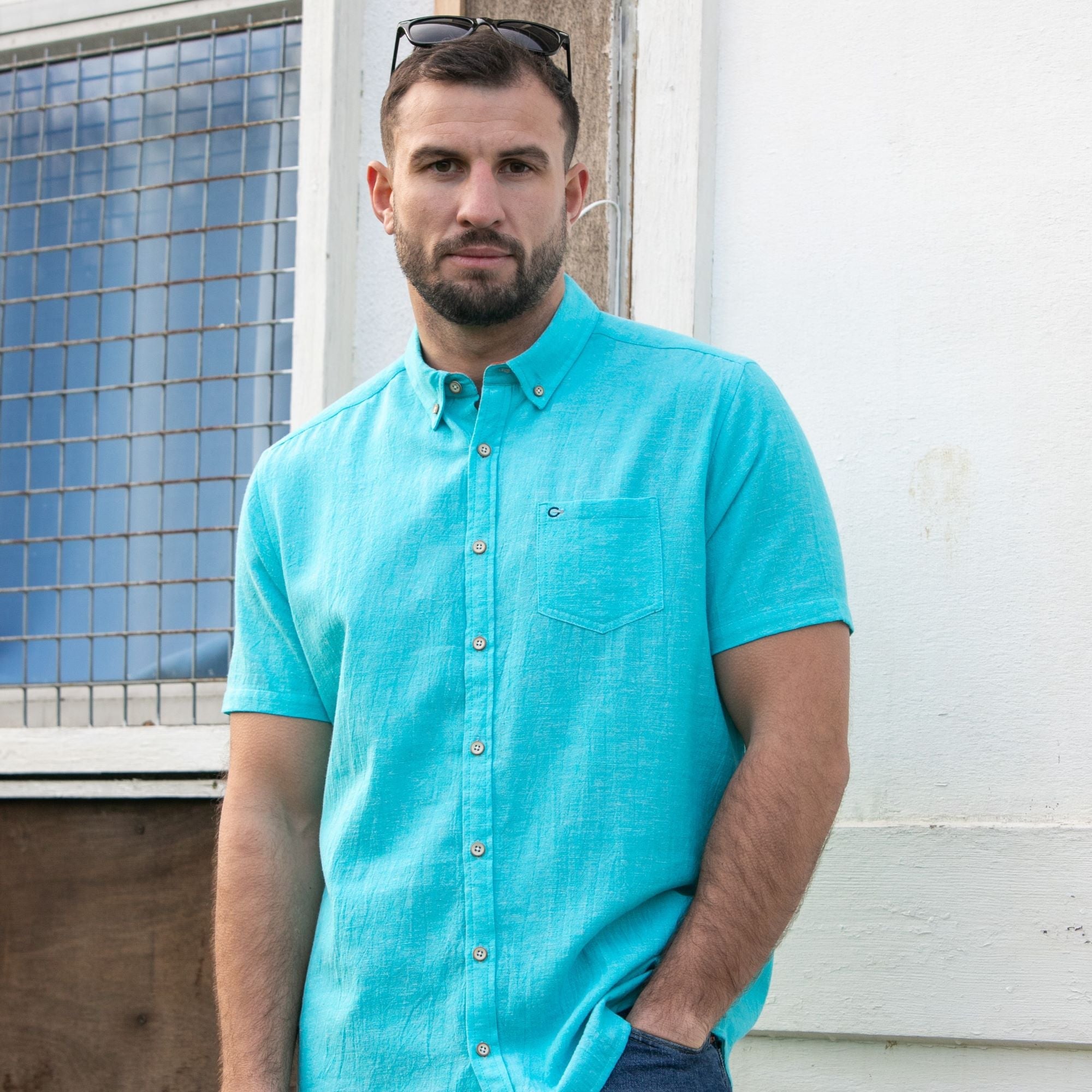 Peter Gribby Short Sleeve Linen Rich Shirt - Aqua