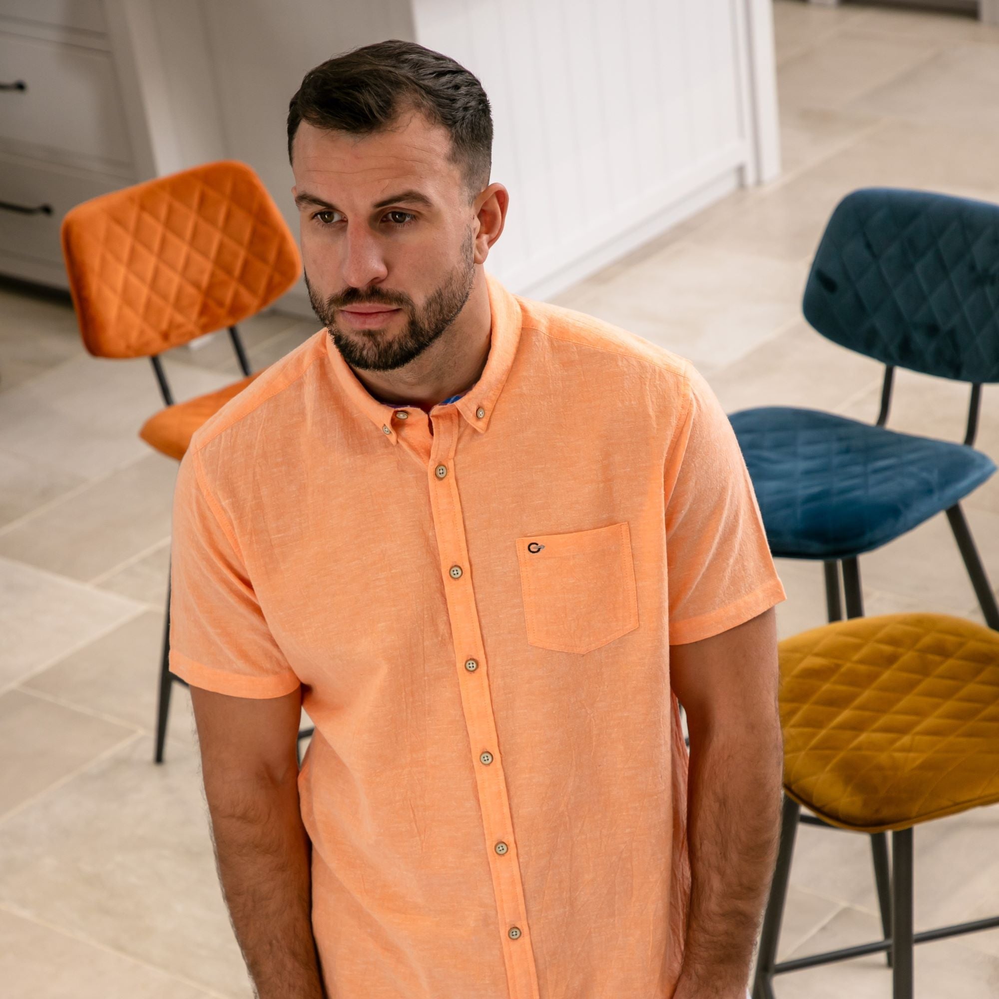 Peter Gribby Short Sleeve Linen Rich Shirt - Peach