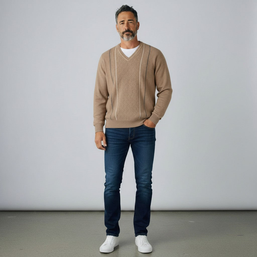 Gabicci M01 Pattern Front V Neck Jumper - Sandstone