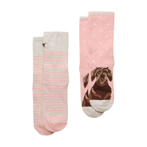 Joules Womens Everyday 2 Pack Socks - Pink/Grey Dog