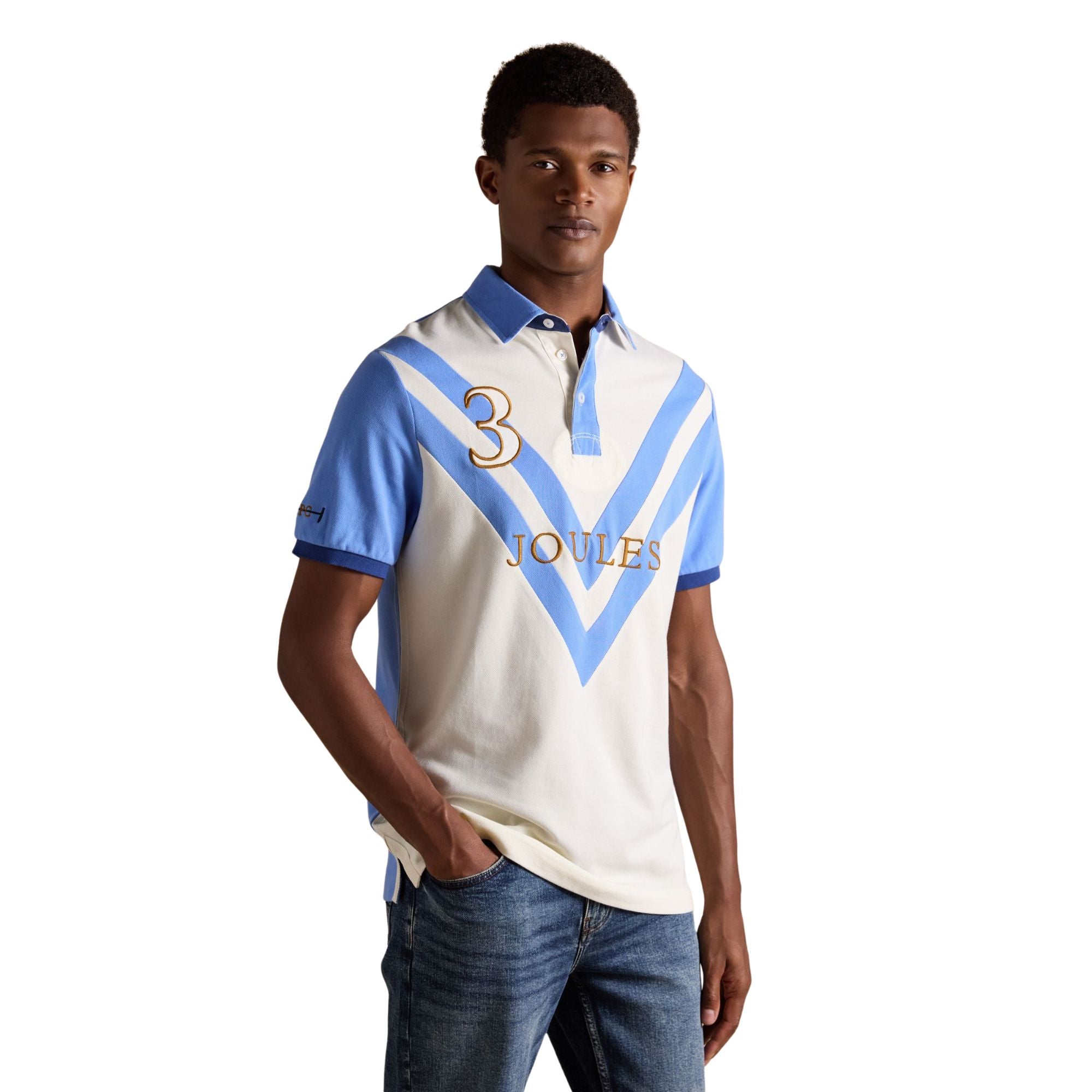 Joules Mens Embellished Cotton Pique Polo Shirt - Cream & Blue