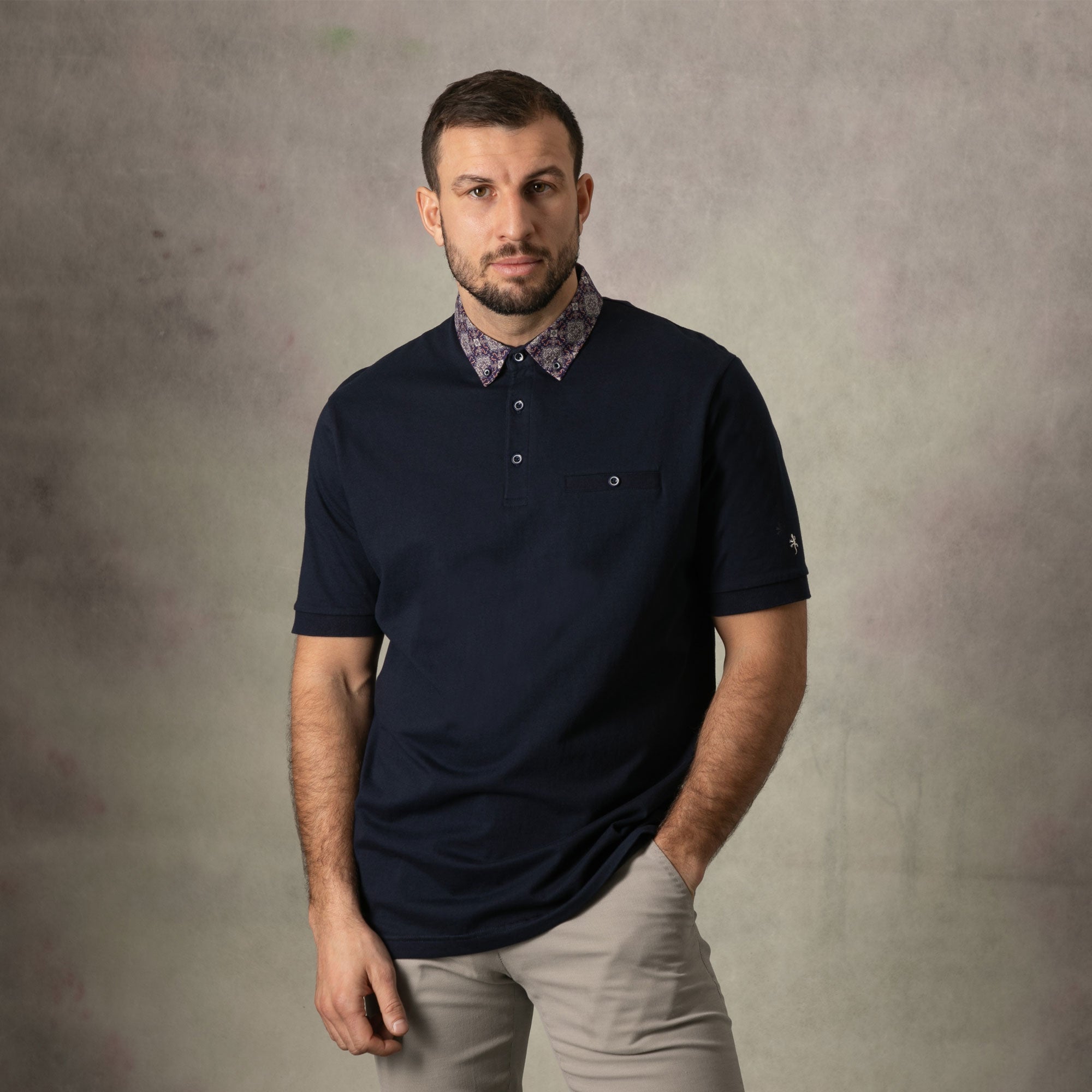 Lizard King Navy Printed Collar Polo Shirt
