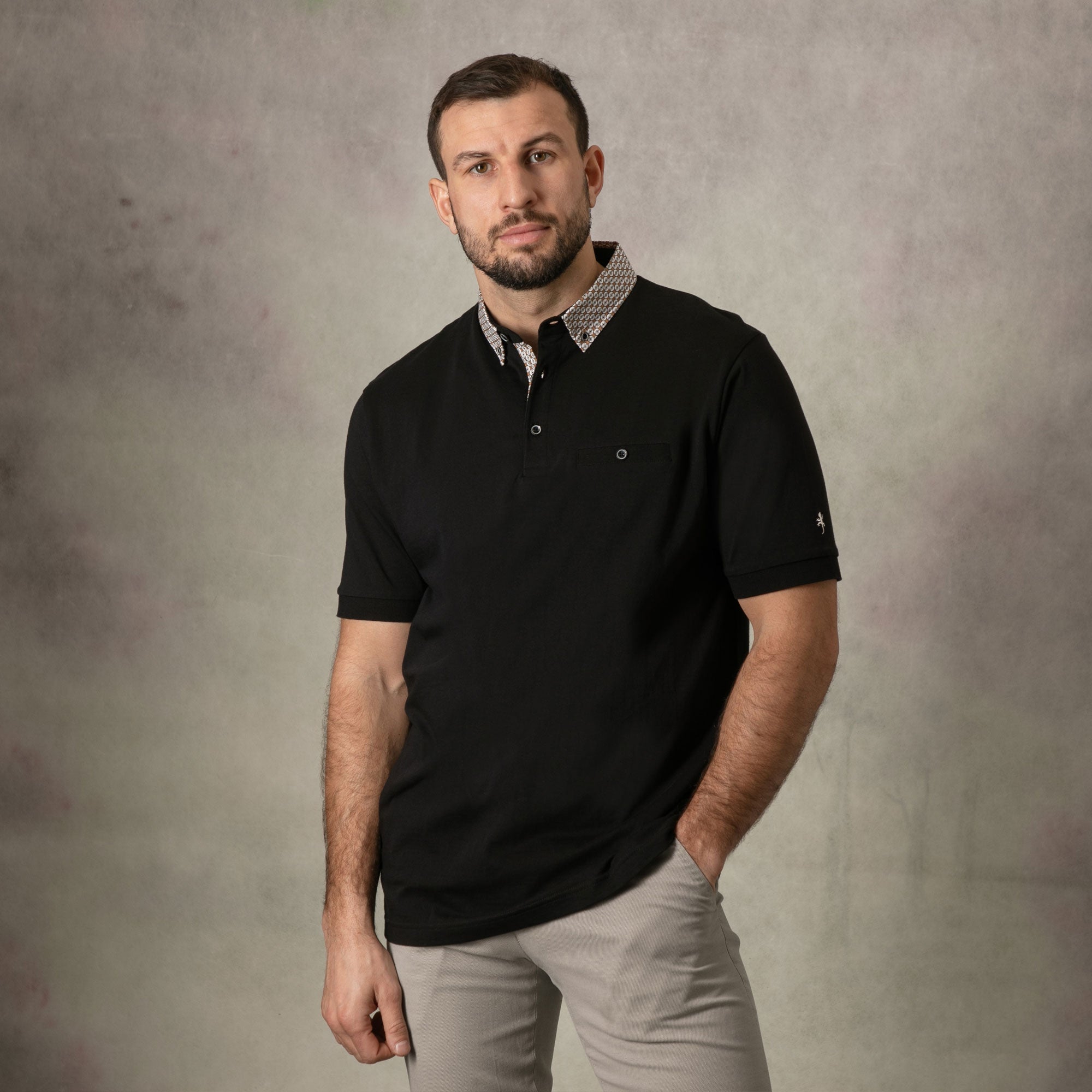Lizard King Black Printed Collar Polo Shirt