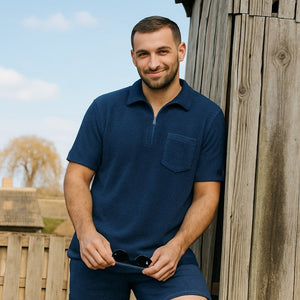 Peter Gribby Terry Towelling Zip Polo Shirt - Navy