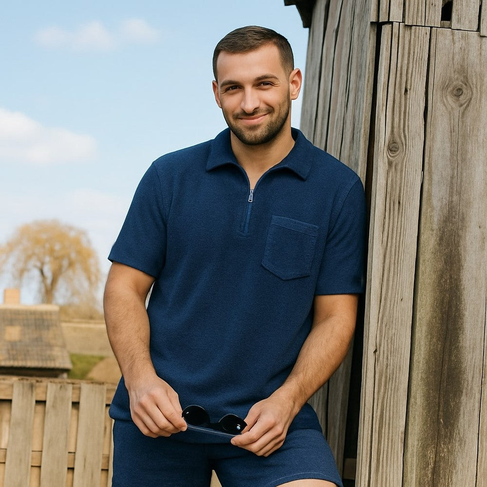 Peter Gribby Terry Towelling Zip Polo Shirt - Navy