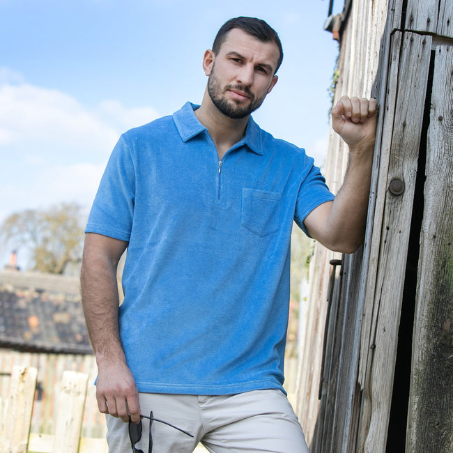 Peter Gribby Terry Towelling Zip Polo Shirt - Sky Hover Image