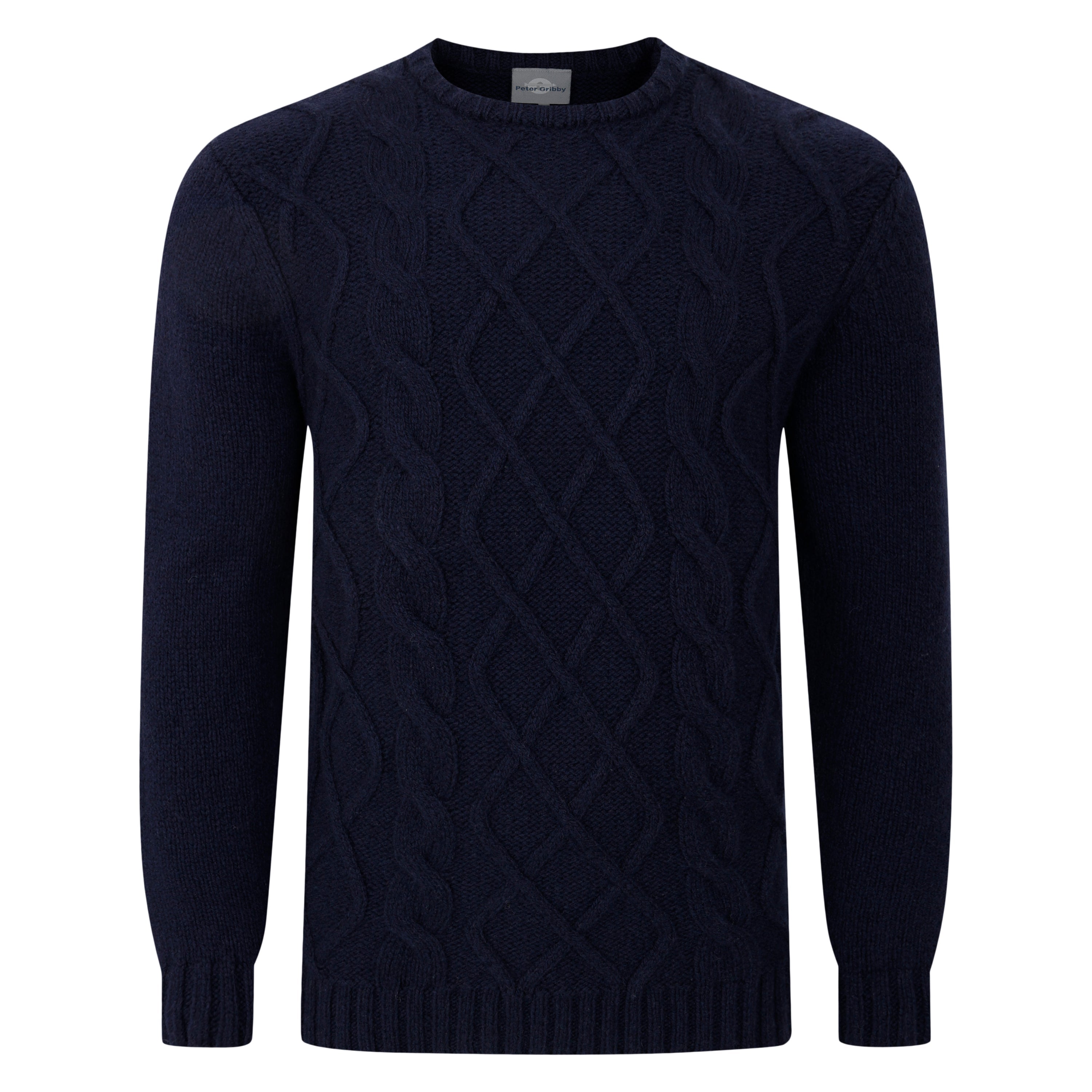 Peter Gribby Aran Cable Crew Neck Sweater - Navy