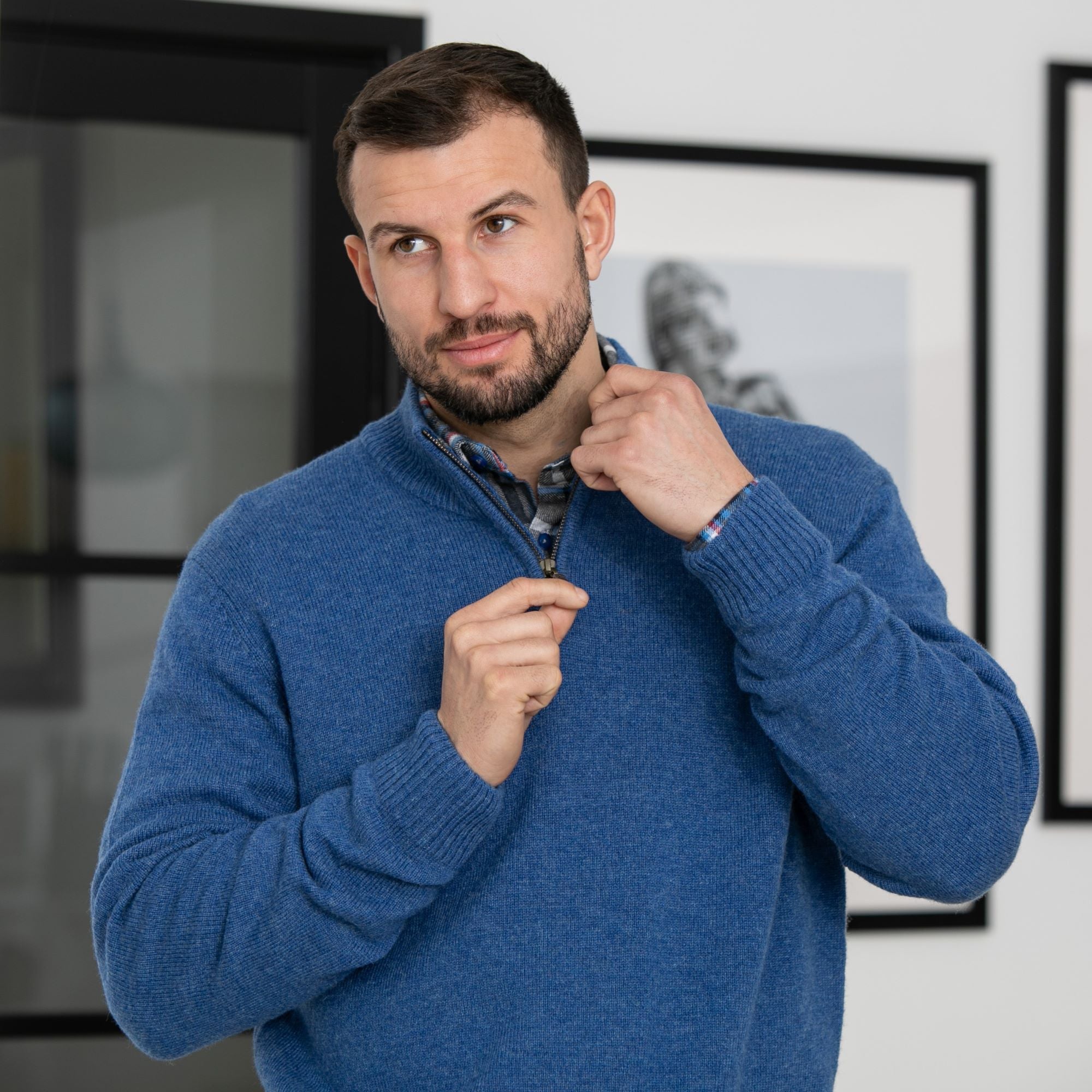 Peter Gribby Lambswool Quarter Zip Sweater - Blue