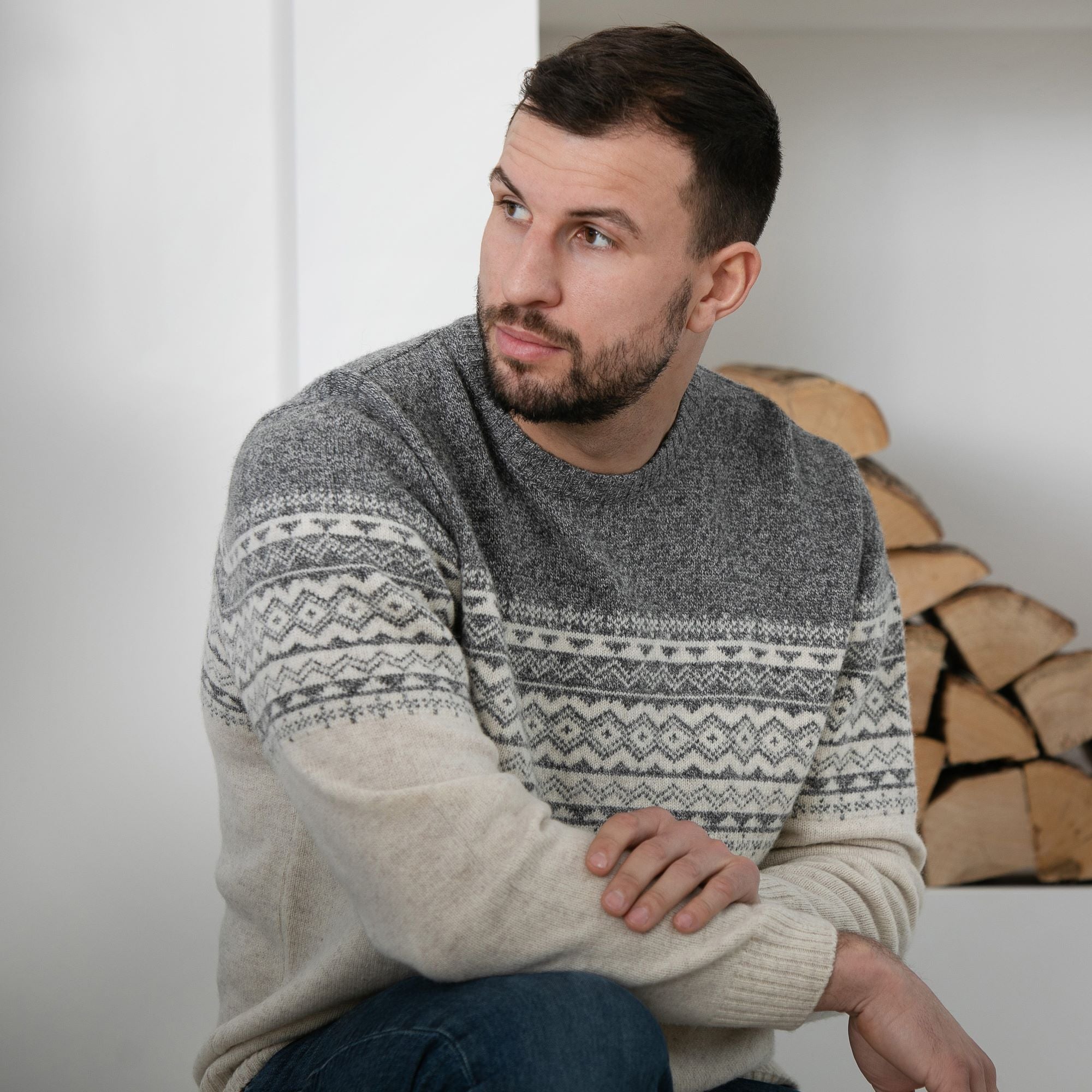 Peter Gribby Fairisle Yoke Crew Neck Sweater - Ecru