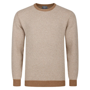 Peter Gribby Bi Colour Jacquard Crew Neck Jumper - Caramel