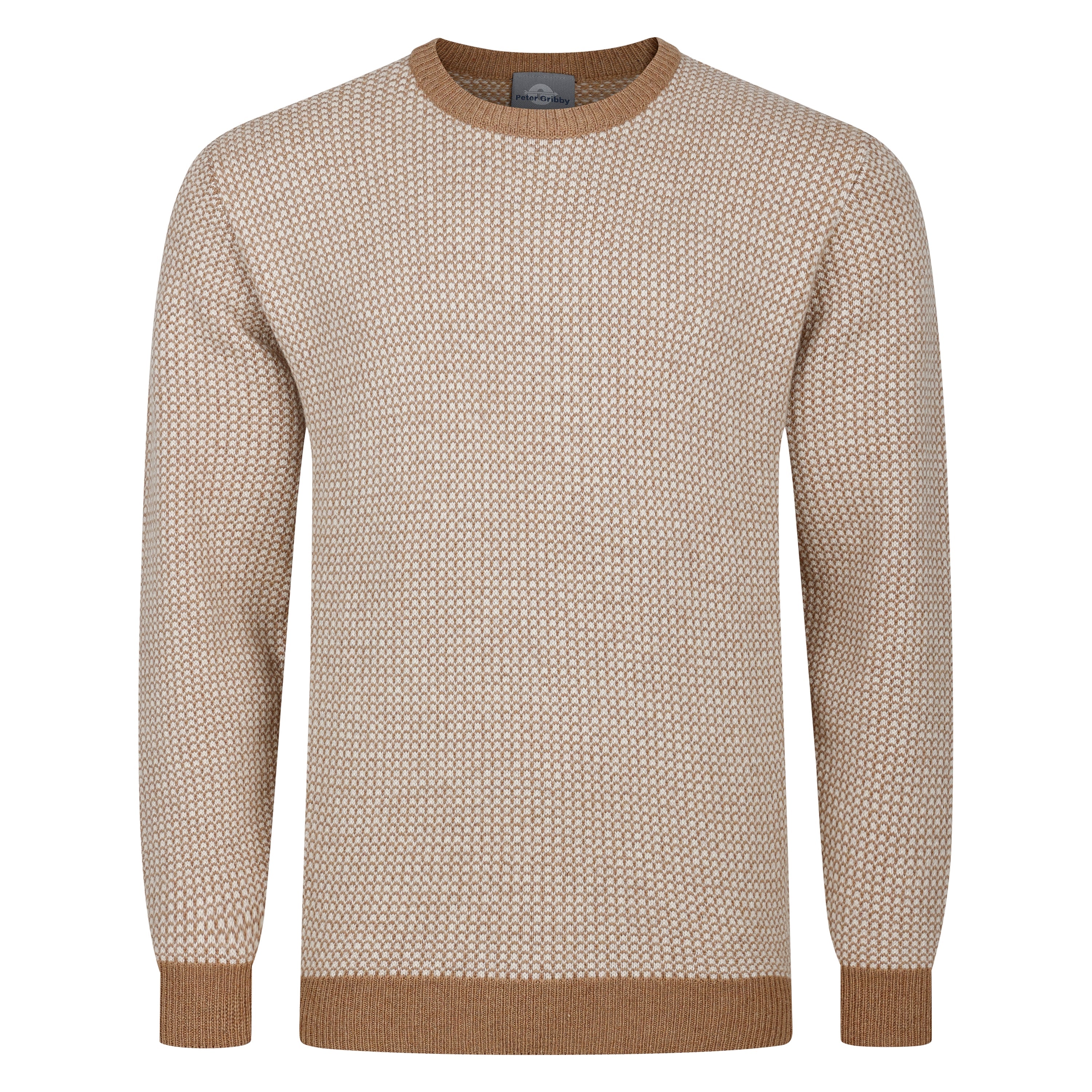 Peter Gribby Bi Colour Jacquard Crew Neck Jumper - Caramel