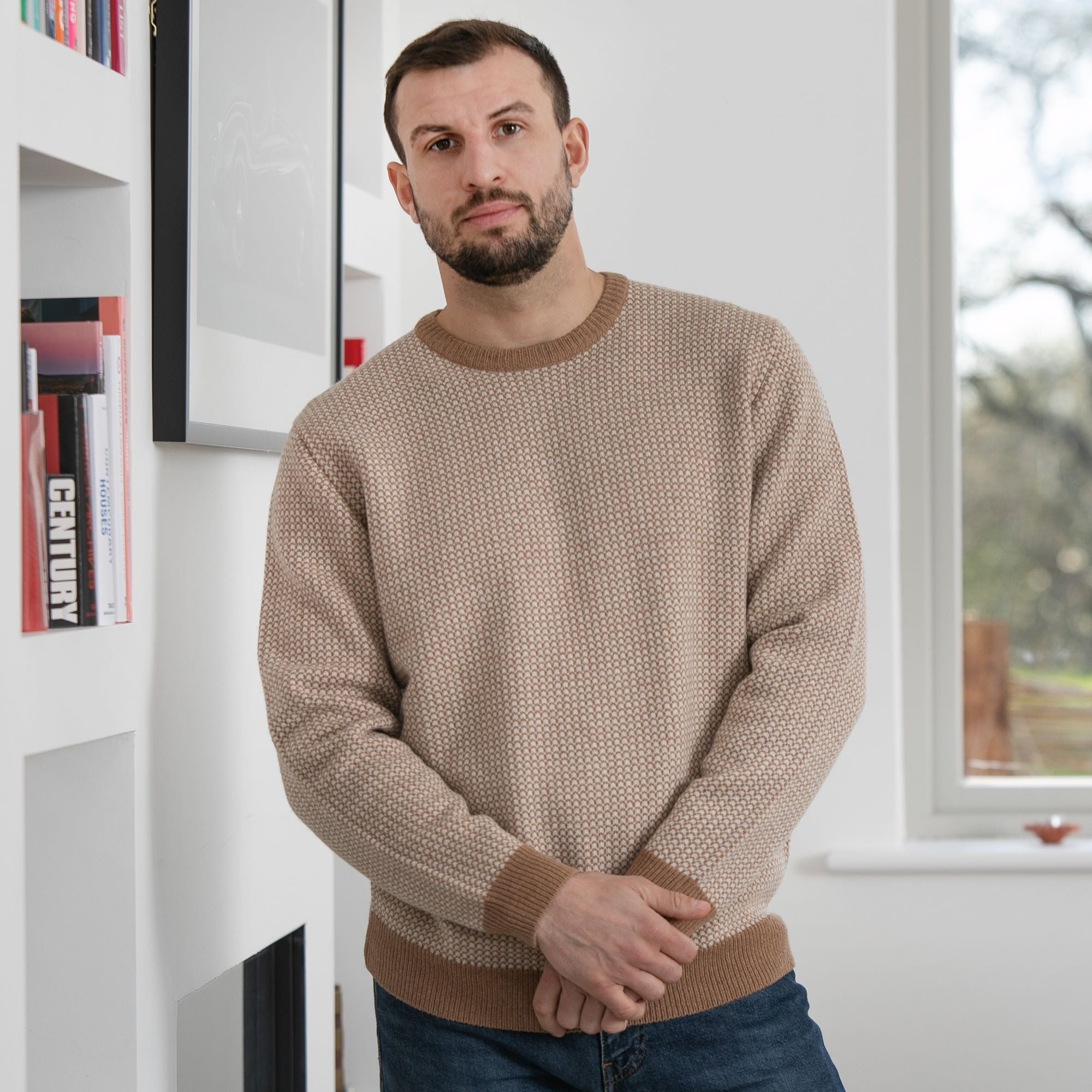 Peter Gribby Bi Colour Jacquard Crew Neck Jumper - Caramel