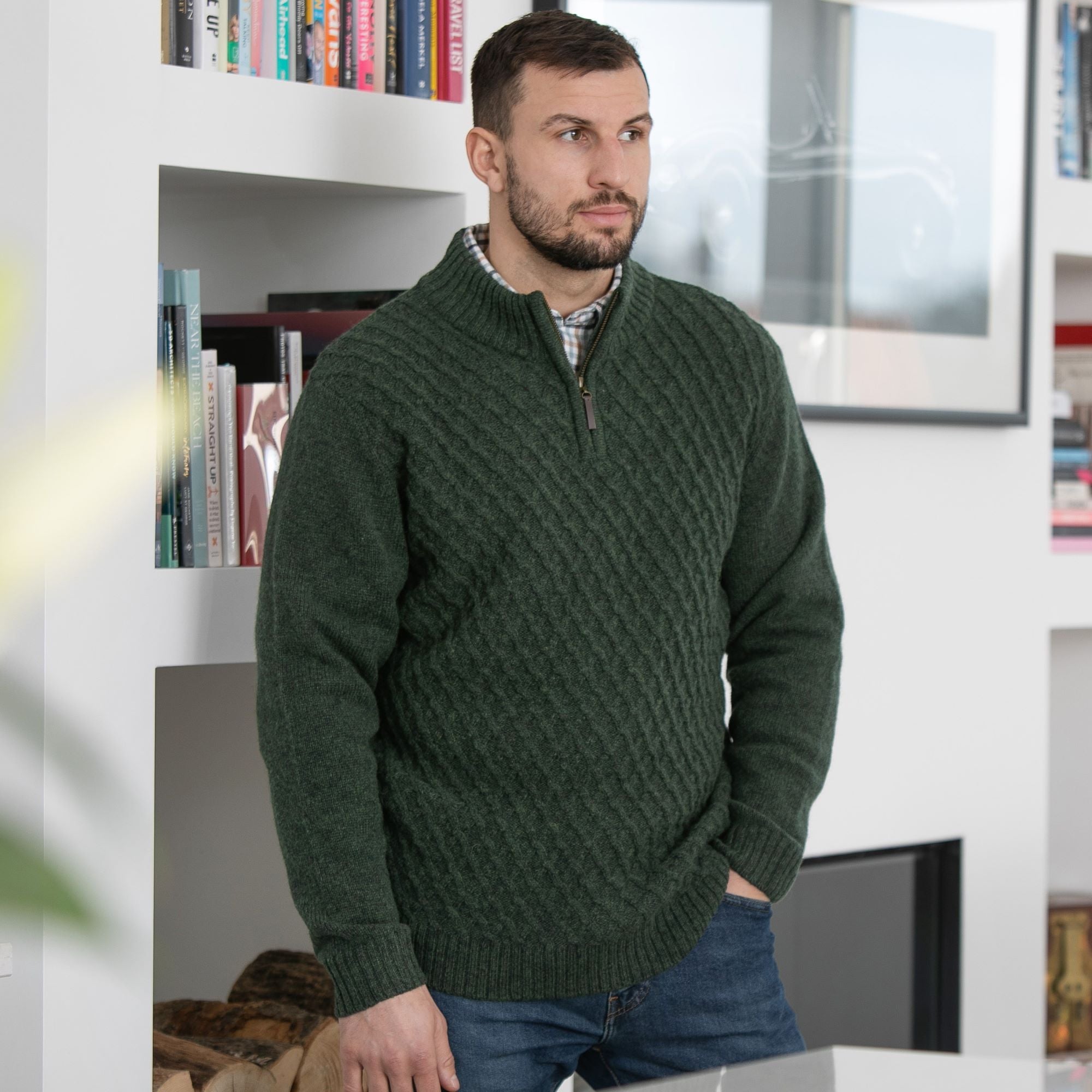 Peter Gribby Patterned Quarter Zip Jumper - Forestgreen
