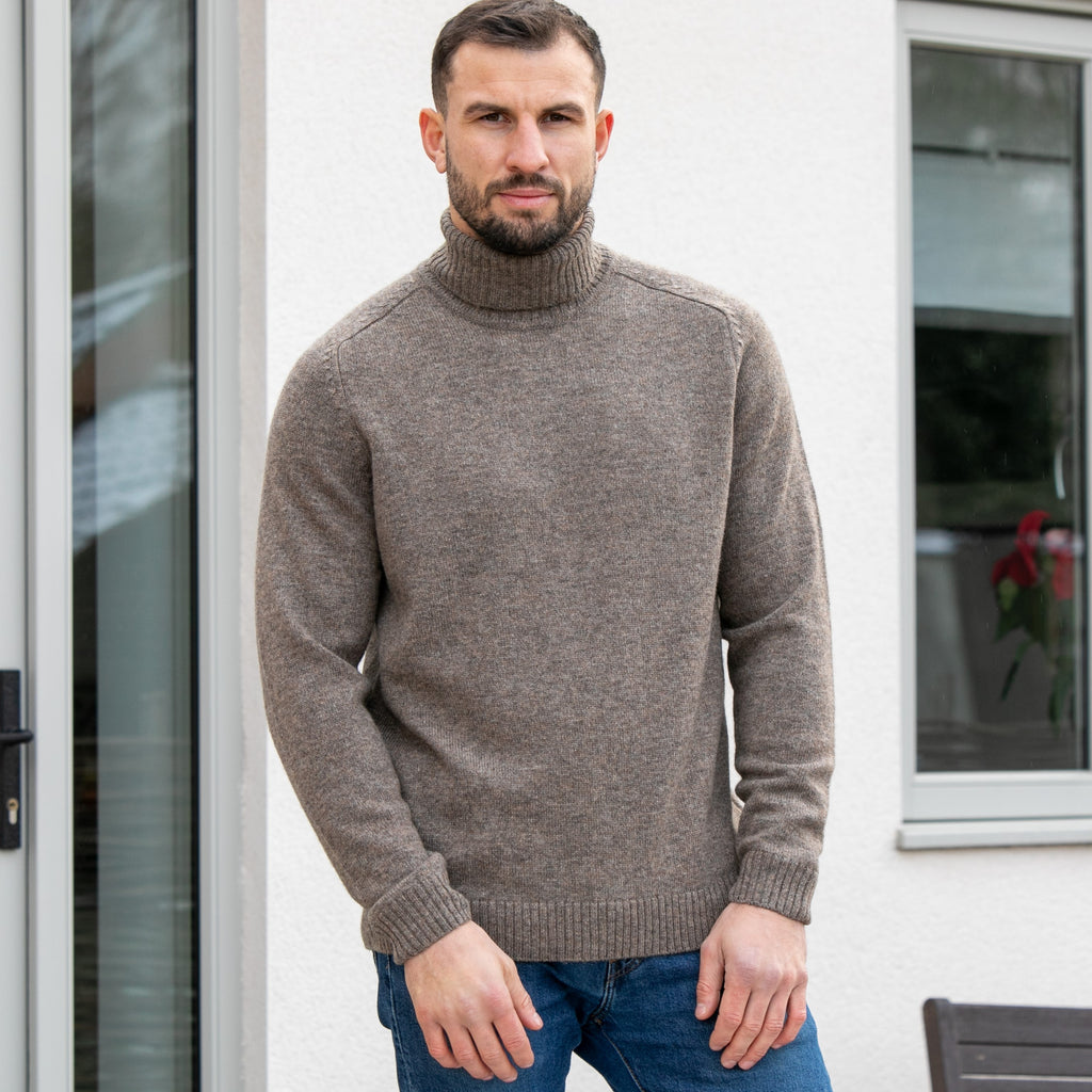 Peter Gribby Mens Lambswool Roll Neck Jumper - Taupe