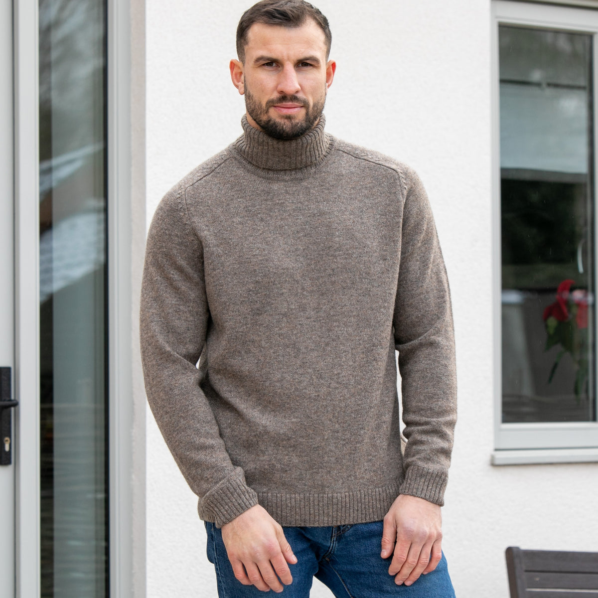 Peter Gribby Mens Lambswool Roll Neck Jumper - Taupe