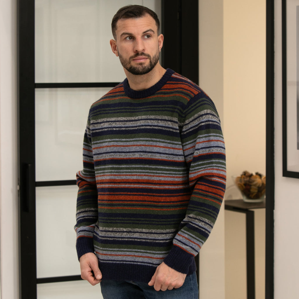 Peter Gribby Mens Striped Crew Neck Jumper - Navy