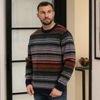 Peter Gribby Mens Striped Crew Neck Jumper - Navy