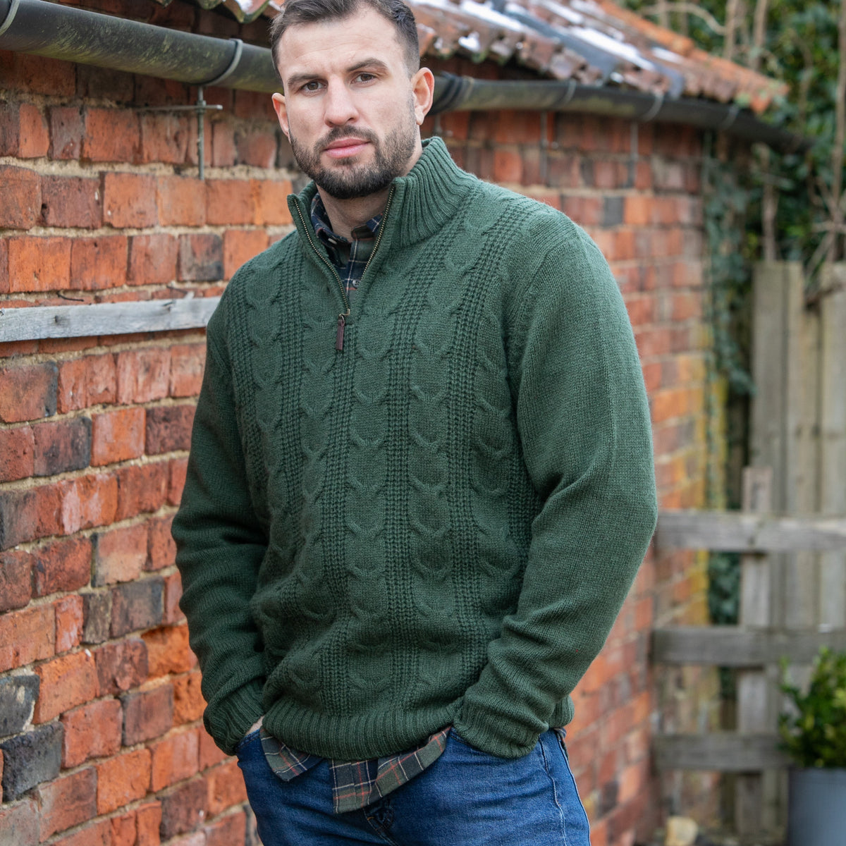 Peter Gribby Mens Cable ¼ Zip Jumper - Forest