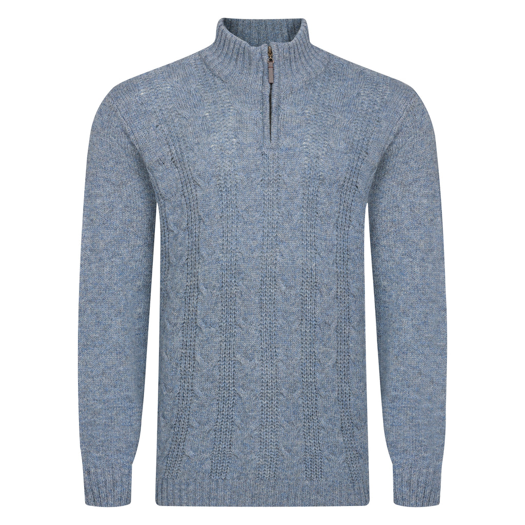 Peter Gribby Mens Cable ¼ Zip Jumper - Misty Blue