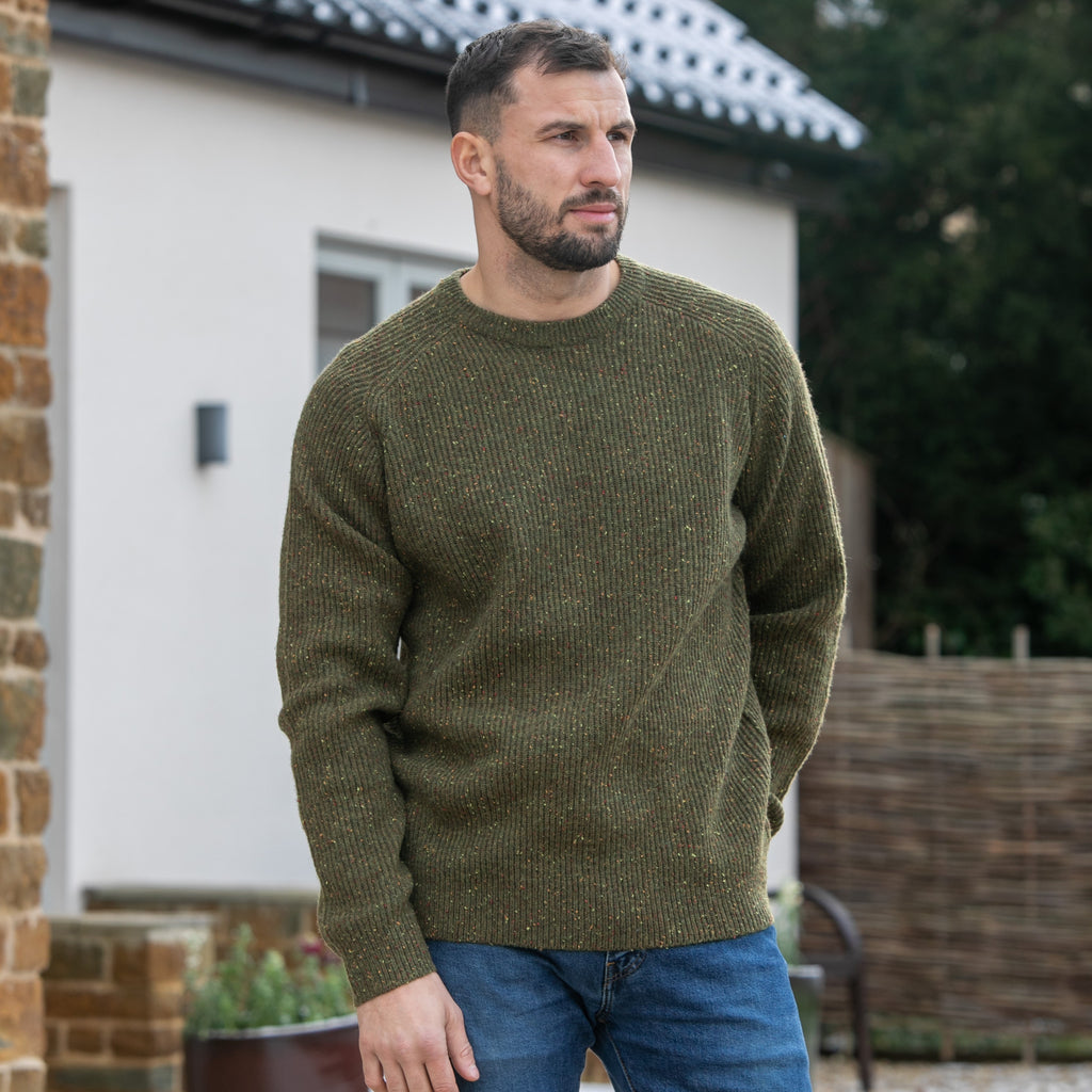 Peter Gribby Mens Ribbed Crew Neck Jumper - Olive