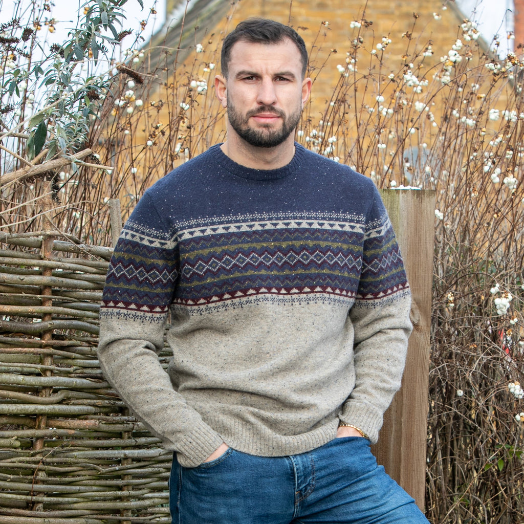 Peter Gribby Mens Fairisle Yoke Crew Neck Jumper - Navy