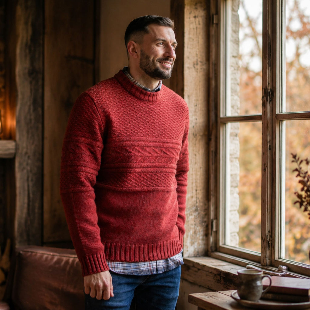 Peter Gribby Mens Guernsey Pattern Crew Neck Jumper - Chilli