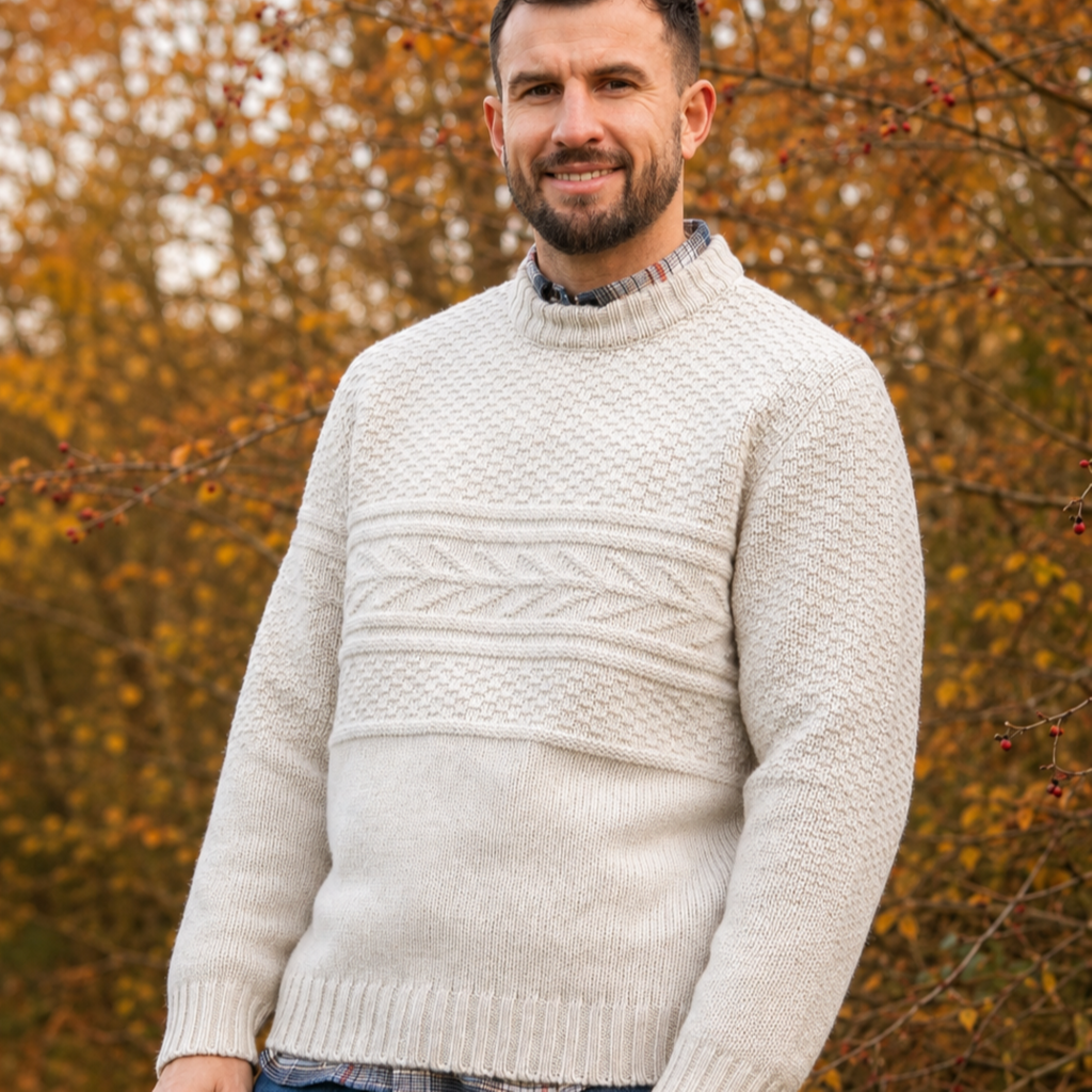 Peter Gribby Mens Guernsey Pattern Crew Neck Jumper - Ecru