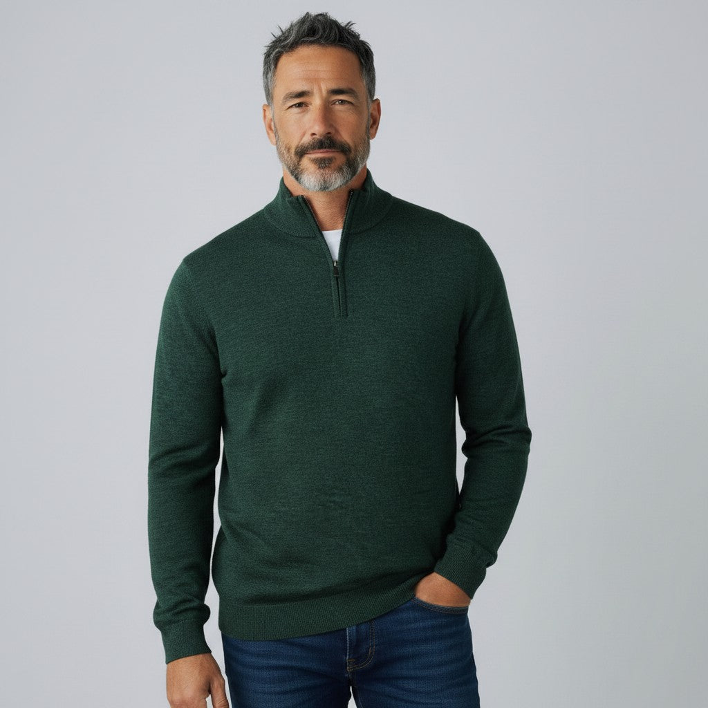 Peter Gribby Mens Merino Acrylic Zip Neck Jumper - Forest Green
