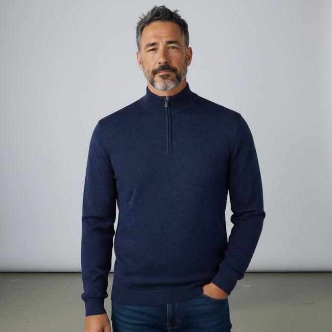 Peter Gribby Mens Merino Acrylic Zip Neck Jumper - French Navy Main Image