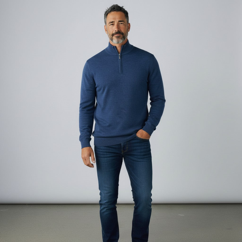 Peter Gribby Mens Merino Acrylic Zip Neck Jumper - Indigo