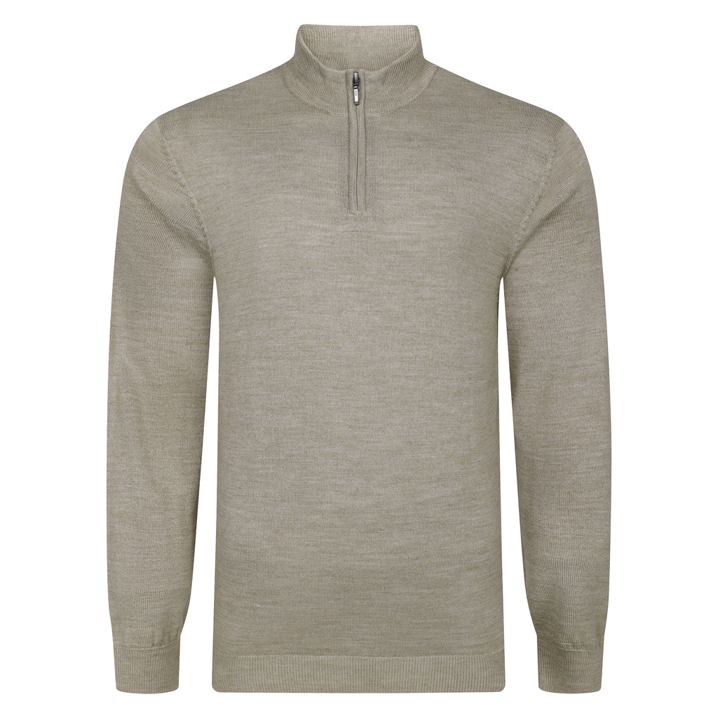 Peter Gribby Mens Merino Acrylic Zip Neck Jumper - Taupe