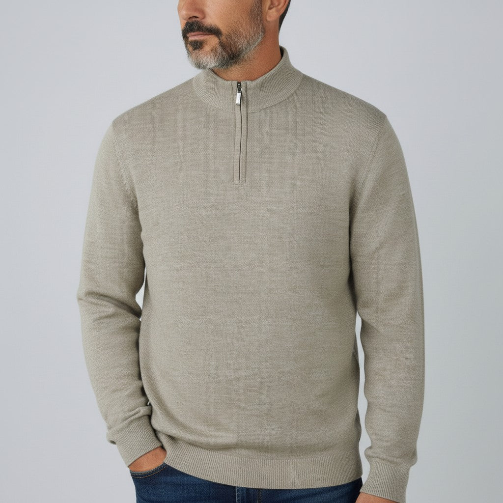 Peter Gribby Mens Merino Acrylic Zip Neck Jumper - Taupe
