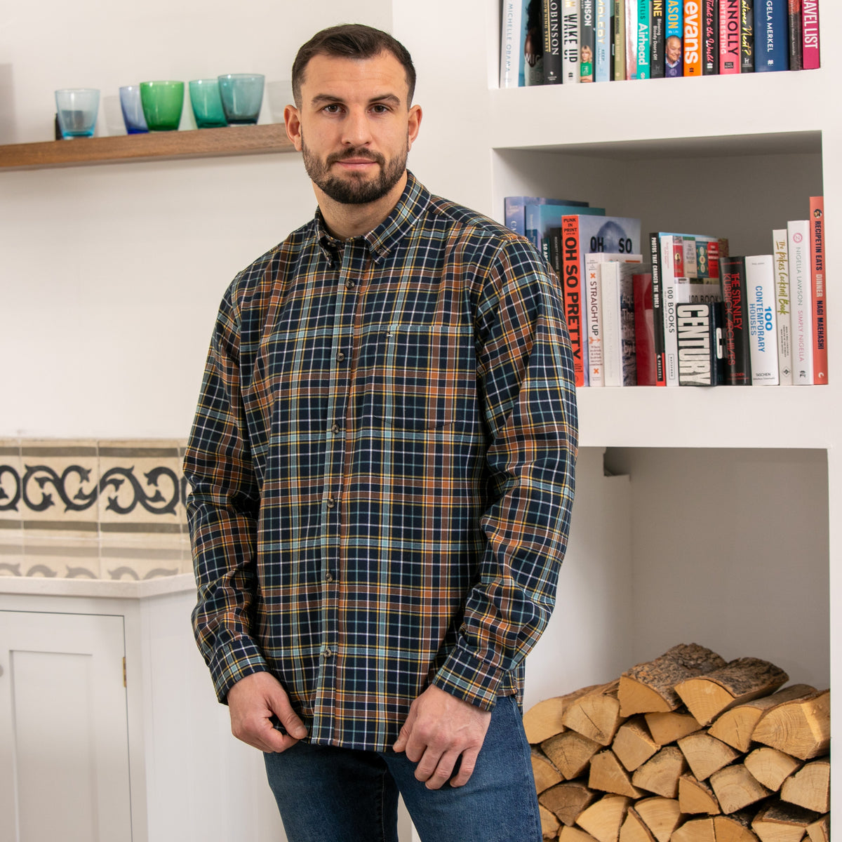 Peter Gribby Mens Long Sleeve Check Shirt - Navy