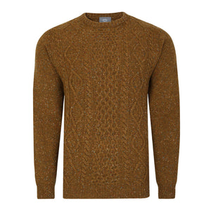 Peter Gribby Aran Cable Donegal Crew Neck Jumper - Mustard