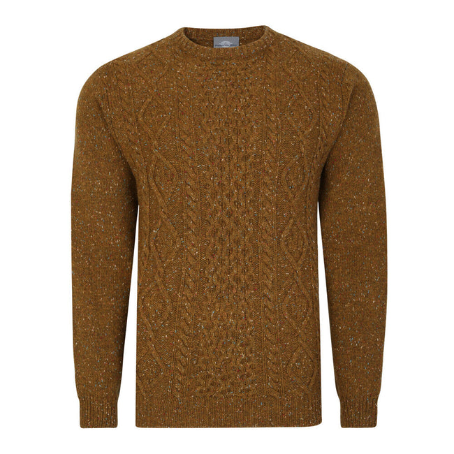 Peter Gribby Aran Cable Donegal Crew Neck Jumper - Mustard Hover Image