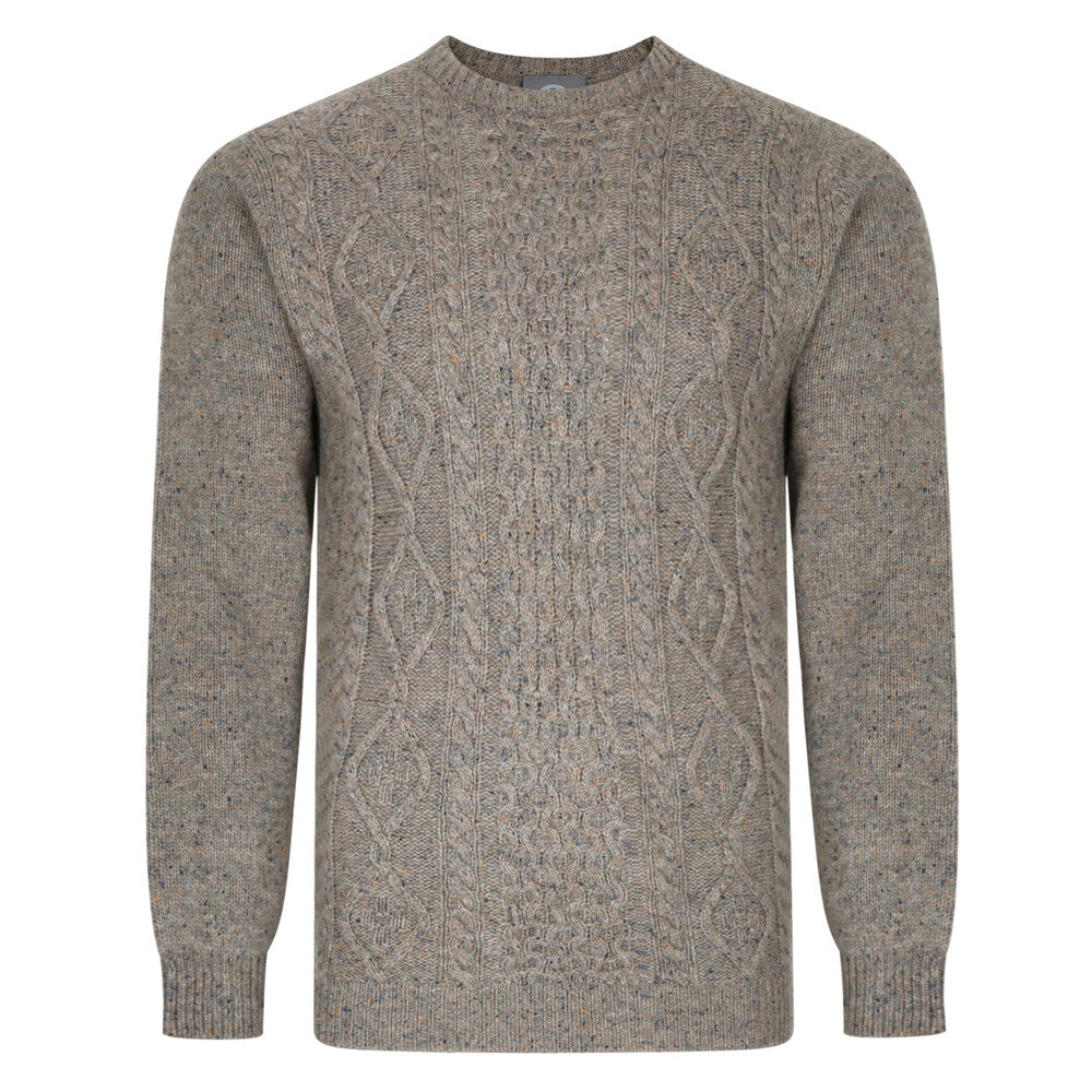 Peter Gribby Aran Cable Donegal Crew Neck Jumper - Pebble