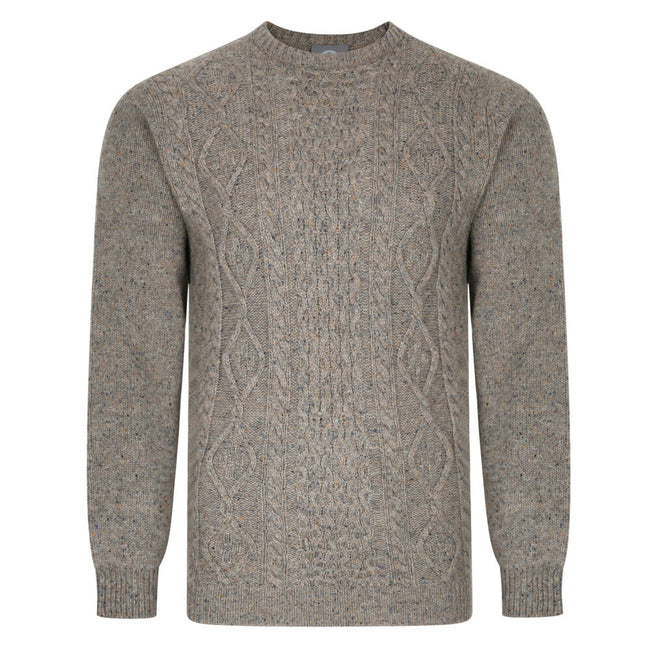 Peter Gribby Aran Cable Donegal Crew Neck Jumper - Pebble Hover Image