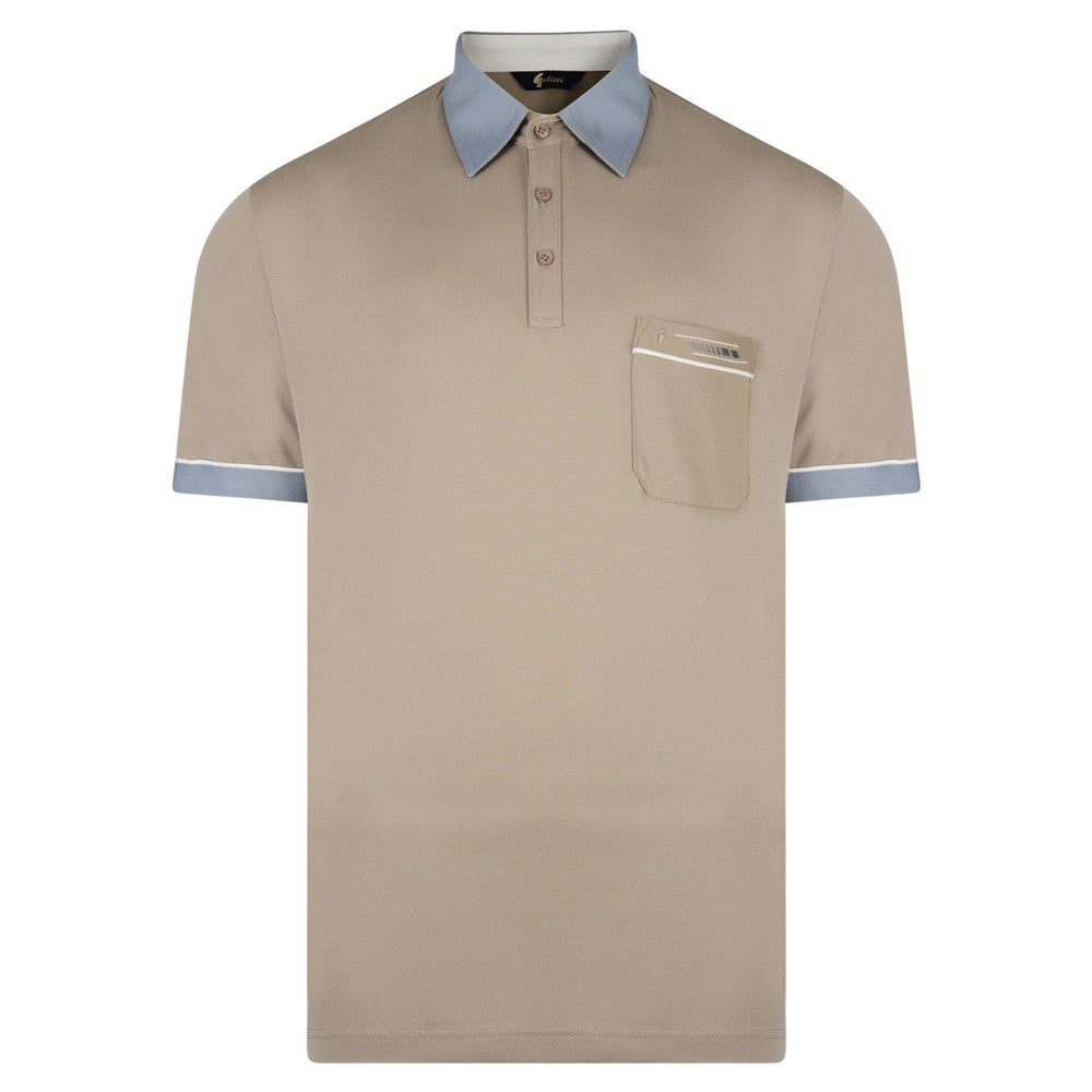 Gabicci Contrasting Collar & Cuff Patterned Jersey Polo Shirt - Stone